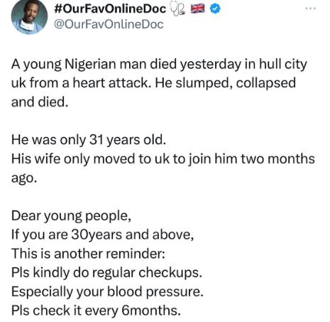 Nigerian Man Dies Of Heart Attack In The UK Two months After His Wife Moved There To Join Him