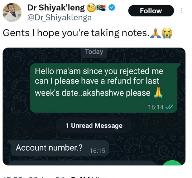 Man Dragged Online As He Asks For Refund Of Money He Paid On Date After The Woman Refused To Be His Girlfriend