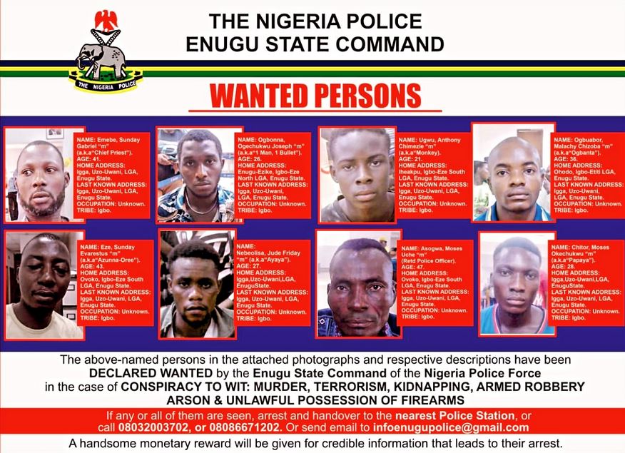 Enugu Police Declare Eight Suspects Wanted Over Alleged Kidnapping, Armed Robbery, Arson, Terrorism, Murder