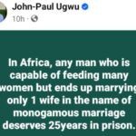 Any African Man Capable Of Feeding Many Women But Ends Up Marrying Only One Wife Deserves 25 years In Prison