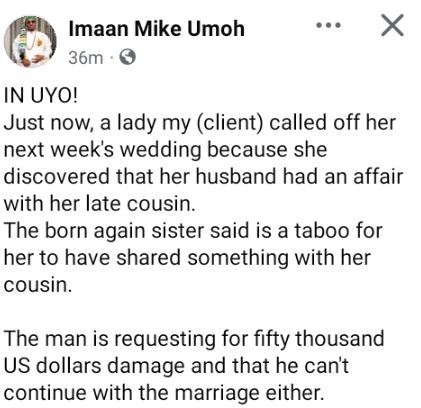 Nigerian Lady Calls Off Wedding A Week To Ceremony After She Discovered Her Fiancé Had An Affair With Her Late Cousin