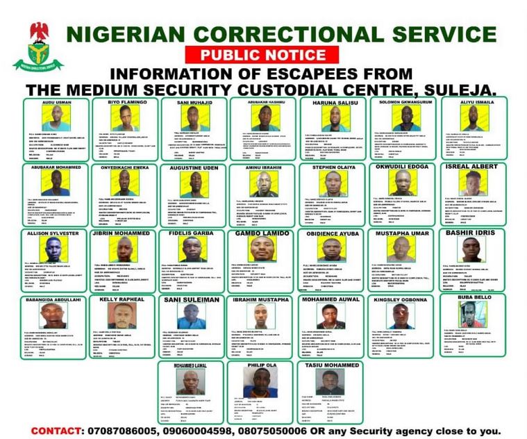 NCoS Releases Names, Images Of Suleja Prison Escapees