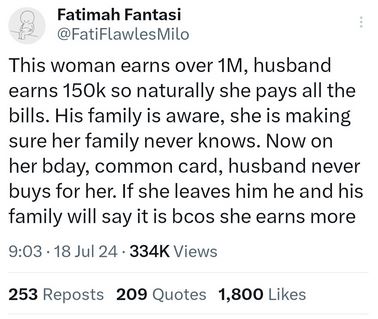 Wife Who Earns More And Foots The Bills Laments That Her Husband Failed To Buy Her Birthday Gift From His Meagre Salary