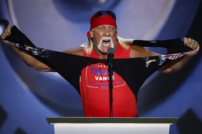 Wrestling Legend, Hulk Hogan Tears Off Shirt On Stage As He Declares Support For Trump (Video)