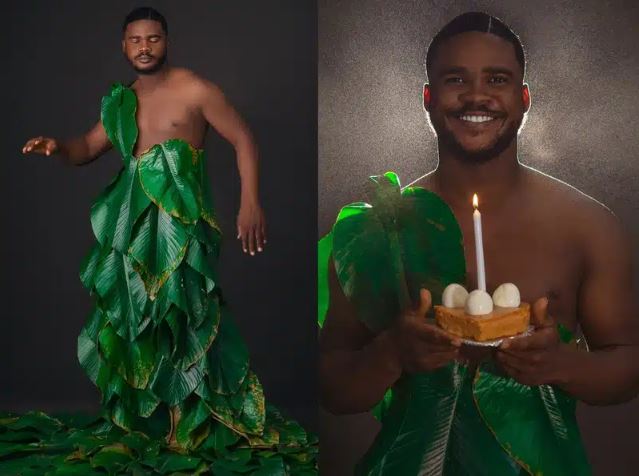 Moi Moi Seller Causes A Stir Online With Leaf Outfit, Moi Moi Cake On His 25th Birthday (Photos)