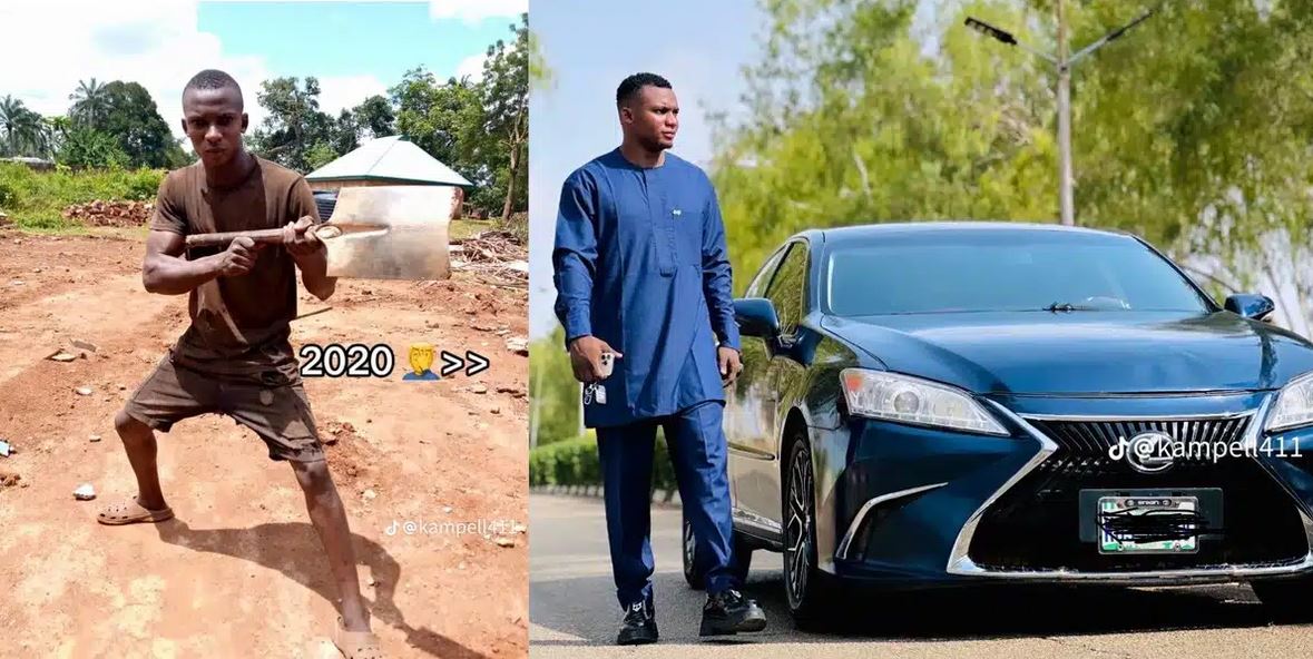 Nigerian Man Shares Inspiring Throwback Photos From Being A Bricklayer To Successful Man, Flaunts Expensive Car