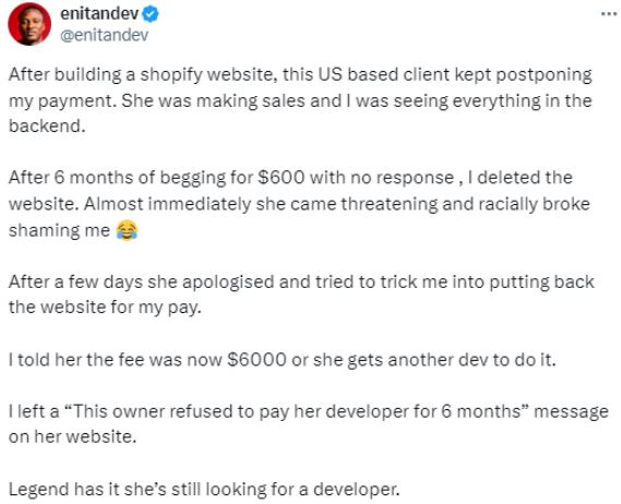 Nigerian Techie Recounts How He ‘Dealt’ With A US-Based Woman Who Failed To Pay Him For A Service He Rendered