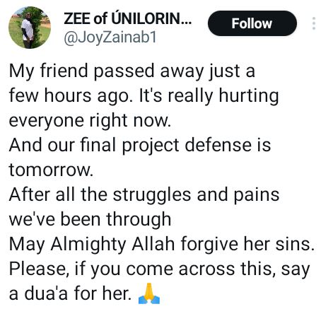 UNILORIN Final year Student Dies A Day To Her Project Defence