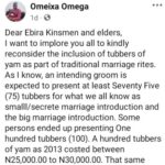 Don’t Deter Suitors – Kogi Man Ask His Kinsmen And Elders To Reconsider The Inclusion Of Tubers Of Yam As Part Of Traditional Marriage Rites