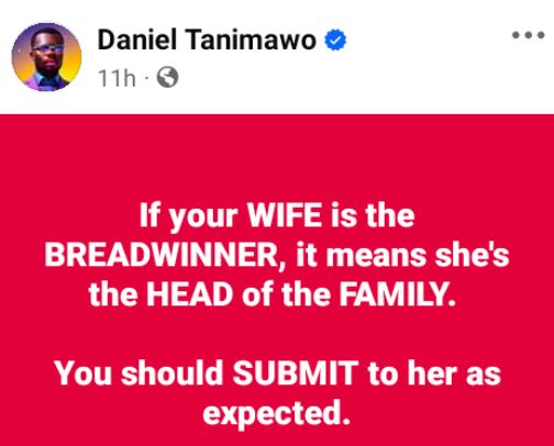 If Your Wife Is The Breadwinner, It Means She’s The Head Of The Family