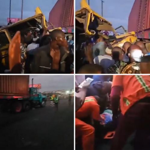 Two Rescued As Commercial Bus Rams Into Containerised Vehicle In Lagos (Video)