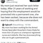 My Mum Has Been Sacked After 21 years At Military Hospital For Refusing To Sleep With The Commandant – Man Laments