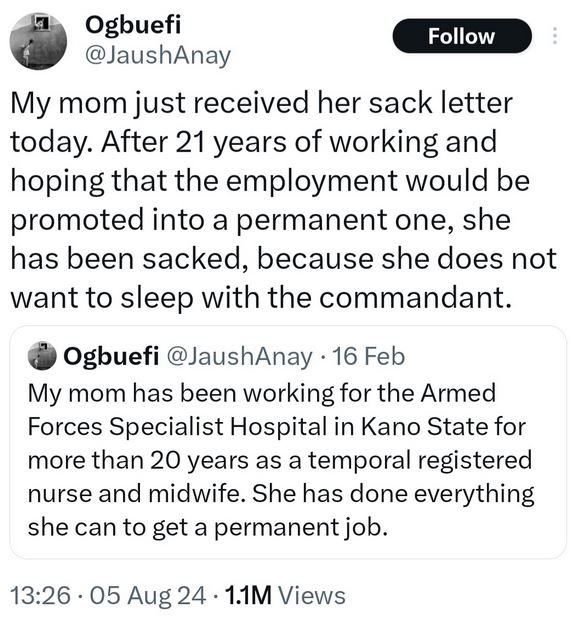 My Mum Has Been Sacked After 21 years At Military Hospital For Refusing To Sleep With The Commandant – Man Laments