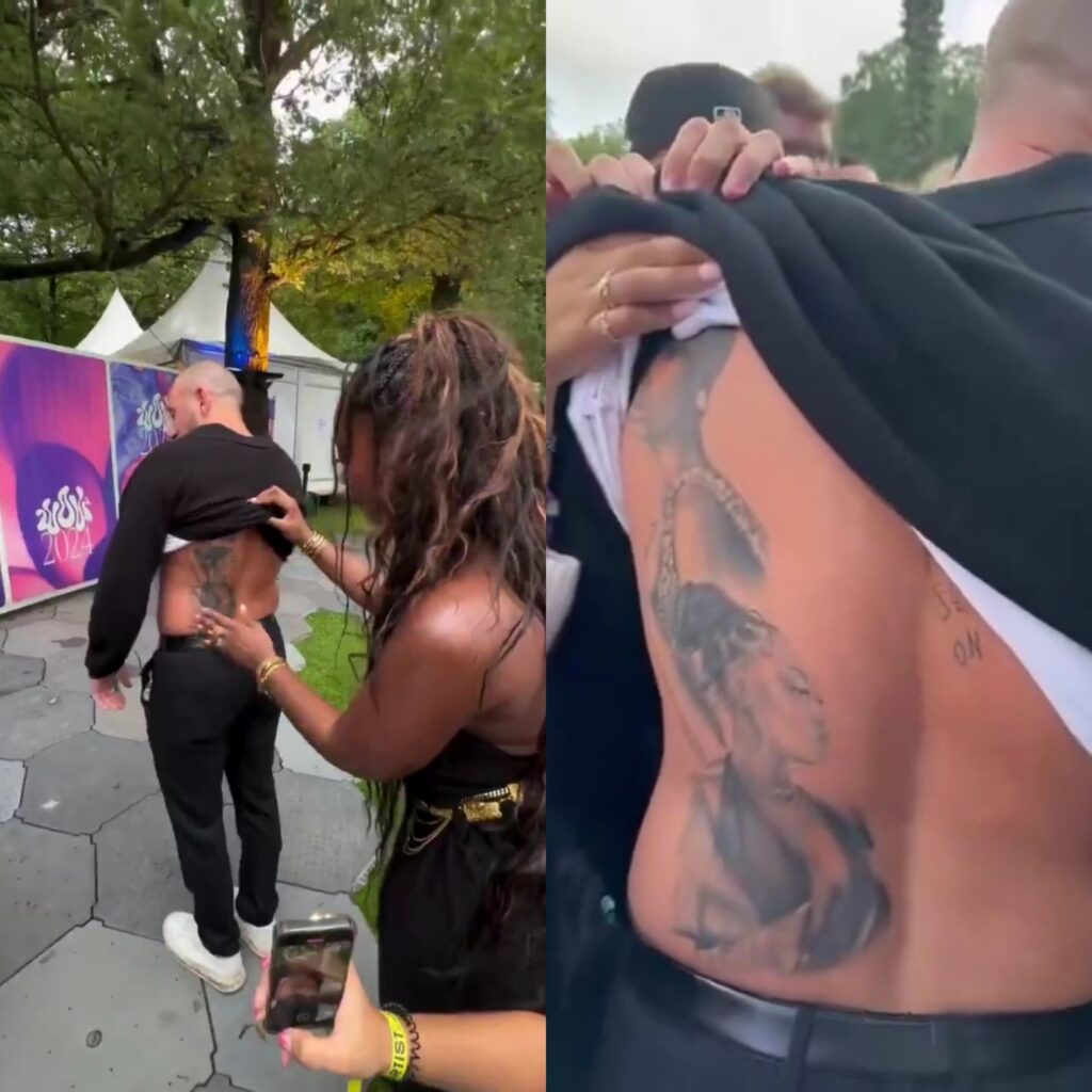 Singer, Tems Meets Male Fan Who Tattooed Her Face On His Back (Video)