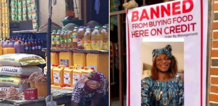 Vendor Prints Banner Of Lady Who Allegedly Bought Food On Credit From Her, Posts It In Front Of Her Shop