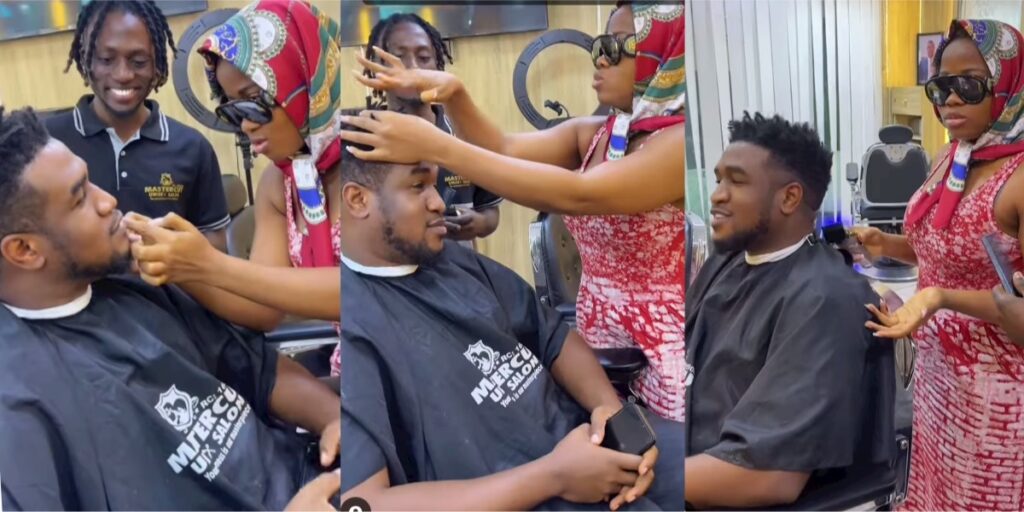 Moment Veekee James Instructed Barber On How to Cut Her Husband’s Hair (Video)