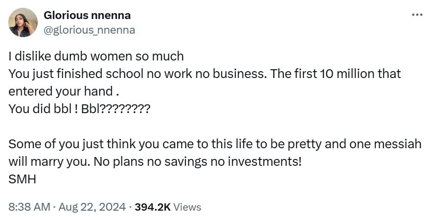 X User Slams Women Who Use N10M For BBL Instead Of Saving Or Investing