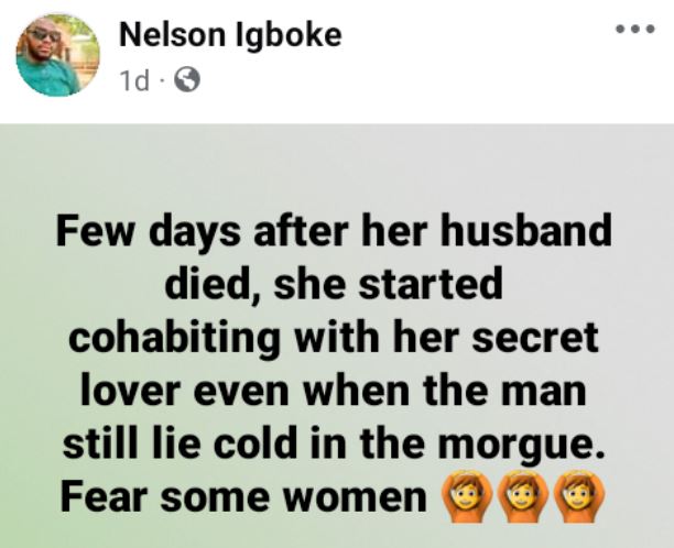 Fear Some Women – Nigerian Man Writes About Woman Who Started Cohabiting With Her Secret Lover Few Days After Her Husband’s Death