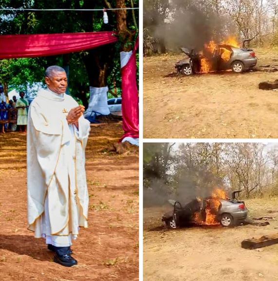 Catholic Priest Escapes Death By A Whisker As His Car Explodes In Cross River (Video)