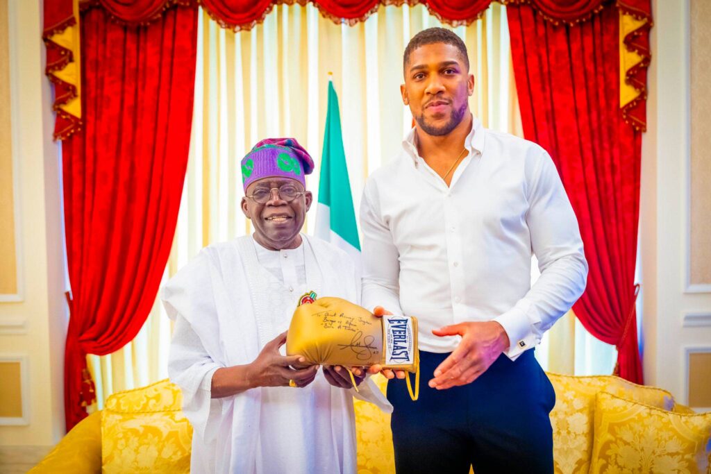 Boxer, Anthony Joshua, Visits President Tinubu In Lagos State, Presents Him With His Autographed Glove (Photos)