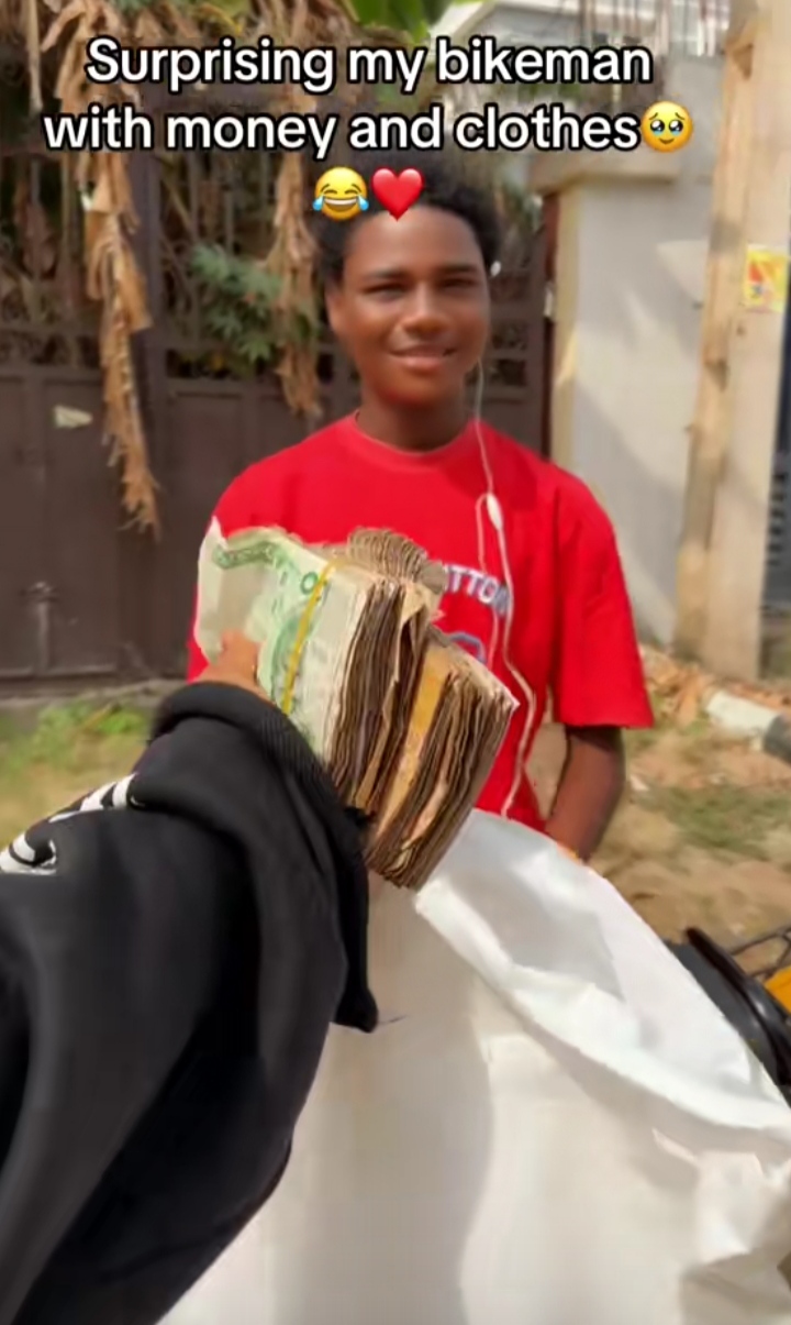 Moment Lady Surprised Her Bikeman With Cash And Clothes