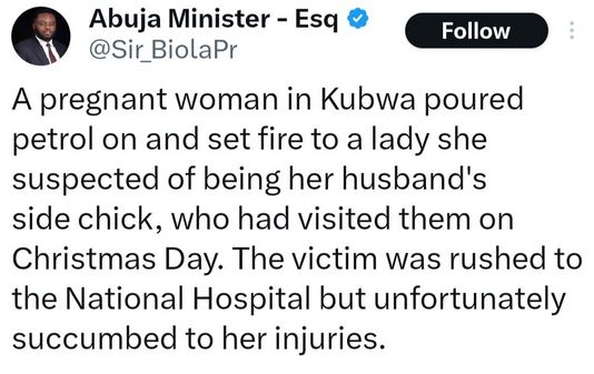 Pregnant Woman Sets Husband’s Female Friend Ablaze In Abuja After Suspecting Her Of Being His Side Chic