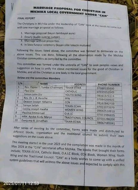 Christian Association Of Nigeria Releases Approved Requirements For Marriage In Michika, Adamawa