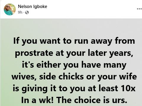 To Avoid Prostate Cancer, Have Many Wives, Side Chicks Or A Wife Who Is Giving It To You At Least 10x In A Week