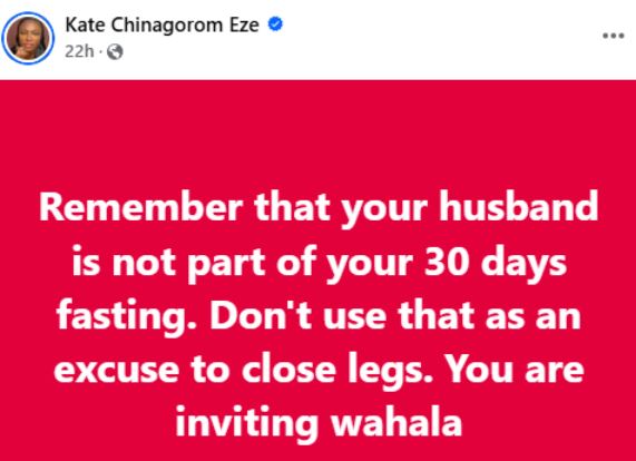 Your Husband Is Not Part Of Your 30 days Fasting, Don’t Use That As An Excuse To Close Your Legs