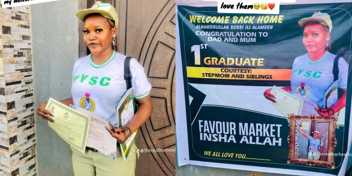 First Graduate – Family Sets Up Huge Banner As Their Daughter Completes NYSC