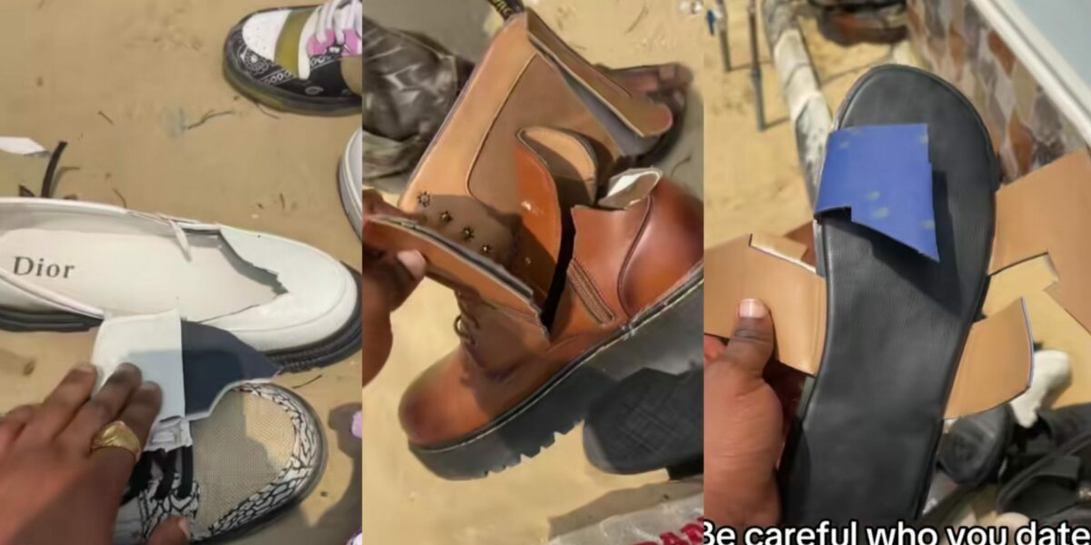 Lady Uses Razor to Destroy Boyfriend’s Shoes After He Dumped Her (Video)