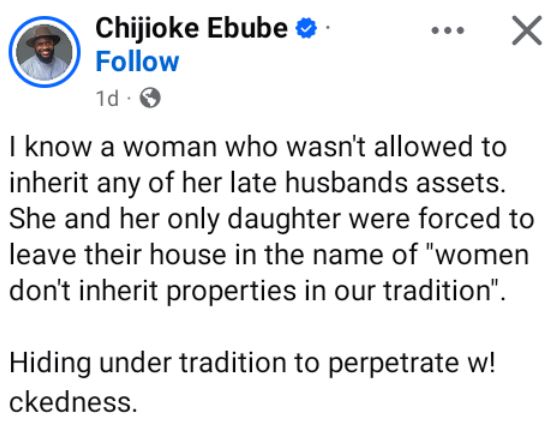 Nigerian Man Shares Story Of A Woman Who Wasn’t Allowed To Inherit Her Late Husband’s Assets