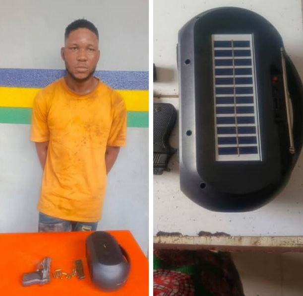 Suspected Hoodlum Arrested In Lagos With Pistol And 13 Rounds Of Live Ammunition Concealed Inside MP3 Radio