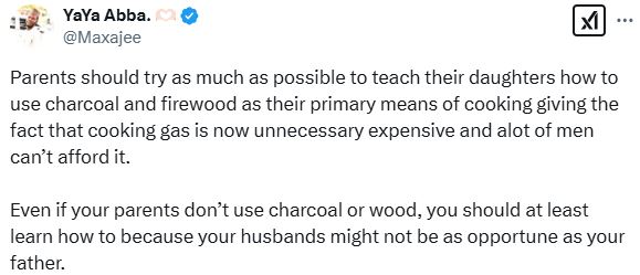 Teach Your Daughters How To Use Charcoal And Firewood Because Their Husbands Might Not Afford Cooking Gas