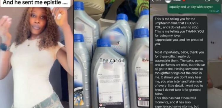 Lady Shares Boyfriend’s Reaction After Buying Him Engine Oil As Birthday Gift (Video)